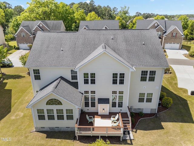 316 Hilliard Forest Dr, Cary, NC 27519 - rear view of house with a wooden deck, crawl space, a yard, and roof with shingles