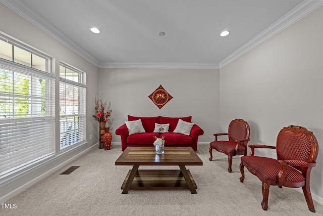 316 Hilliard Forest Dr, Cary, NC 27519 - carpeted living room with visible vents, baseboards, and ornamental molding