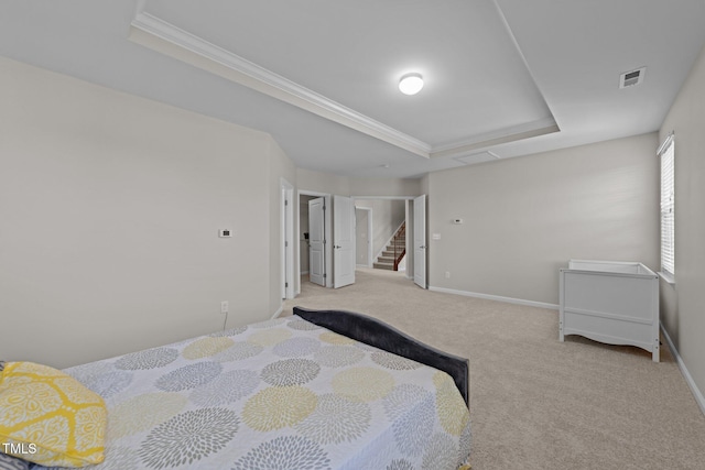 316 Hilliard Forest Dr, Cary, NC 27519 - bedroom with a tray ceiling, carpet floors, visible vents, and ornamental molding