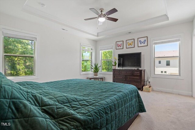 1041 Cotulla Dr, Morrisville, NC 27560 - bedroom featuring light colored carpet, visible vents, multiple windows, and a raised ceiling