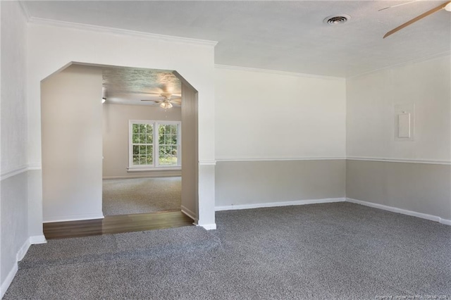6506 Sprucewood Rd, Fayetteville, NC 28304 - empty room featuring ornamental molding, visible vents, a ceiling fan, and carpet flooring