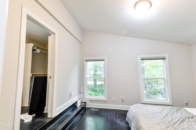 6409 Lakeland Dr, Raleigh, NC 27612 - bedroom with multiple windows, dark wood finished floors, baseboards, a spacious closet, and lofted ceiling
