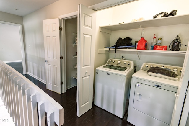 6409 Lakeland Dr, Raleigh, NC 27612 - laundry room with washing machine and clothes dryer and dark wood-style floors