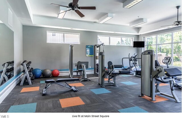 2027 Hayes Ln, Holly Springs, NC 27540 - gym with ceiling fan and carpet flooring