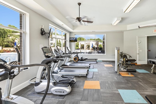 2027 Hayes Ln, Holly Springs, NC 27540 - gym with ceiling fan, baseboards, and carpet