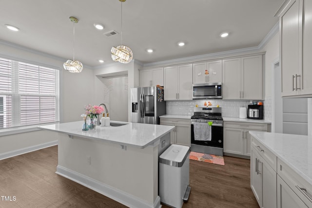 2211 Cherry Top Dr, Fuquay Varina, NC 27526 - kitchen with decorative backsplash, visible vents, a sink, ornamental molding, and stainless steel appliances