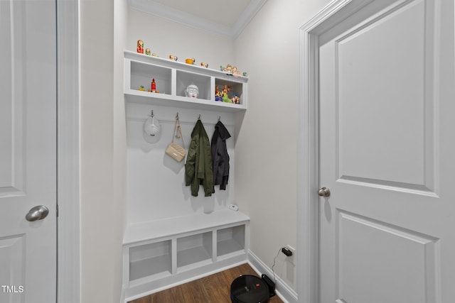 2211 Cherry Top Dr, Fuquay Varina, NC 27526 - mudroom with crown molding, baseboards, and dark wood-type flooring