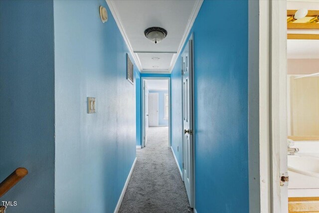 hall with crown molding, visible vents, baseboards, and carpet