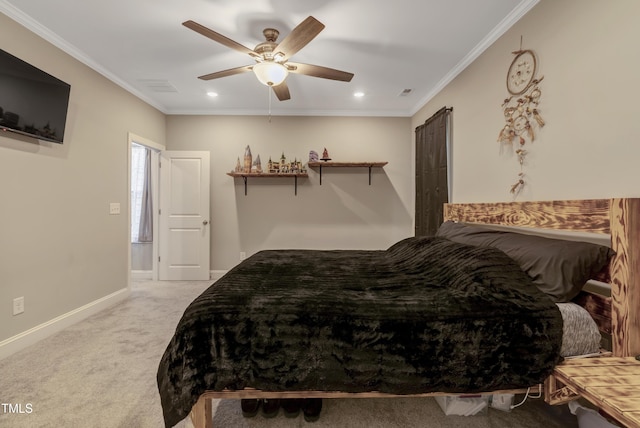 bedroom with ornamental molding, baseboards, recessed lighting, and carpet flooring