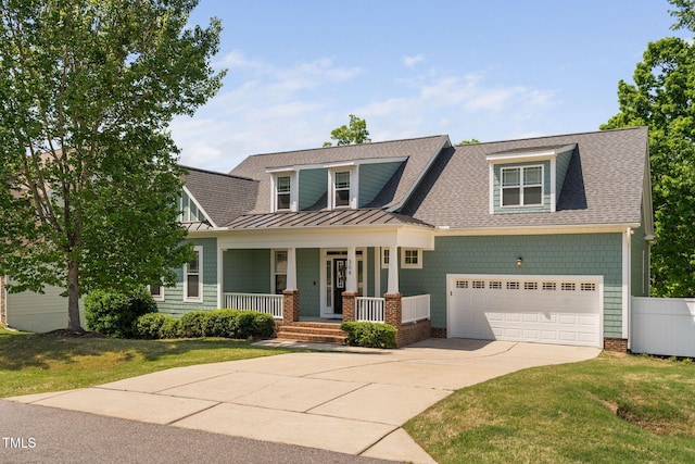 craftsman-style house with a standing seam roof, a porch, driveway, and a front yard