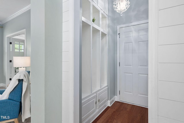 304 Nelson Ln, Clayton, NC 27527 - mudroom featuring crown molding, a chandelier, and dark wood-type flooring