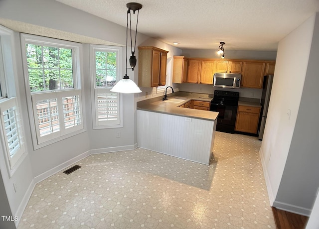 109 Elmview Dr, Cary, NC 27519 - kitchen featuring appliances with stainless steel finishes, a sink, a peninsula, pendant lighting, and baseboards