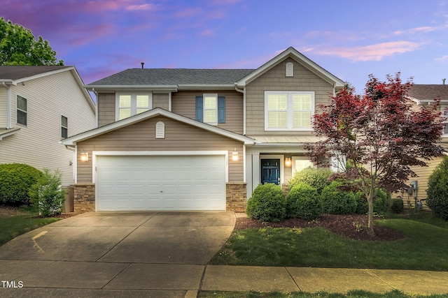 105 Ryder Cup Cir, Raleigh, NC 27603 - view of front facade with driveway, a garage, a shingled roof, and stone siding