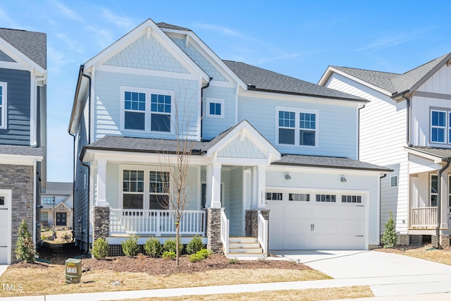 view of front of property featuring a shingled roof, a porch, driveway, and an attached garage
