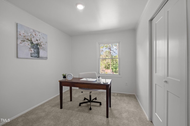 office with baseboards, crown molding, and carpet