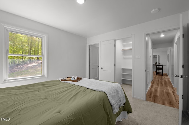 bedroom featuring recessed lighting, baseboards, a closet, and light colored carpet