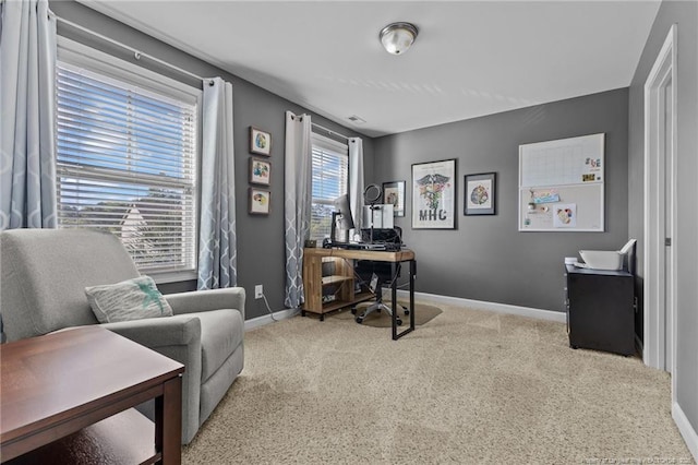 carpeted office space with visible vents and baseboards