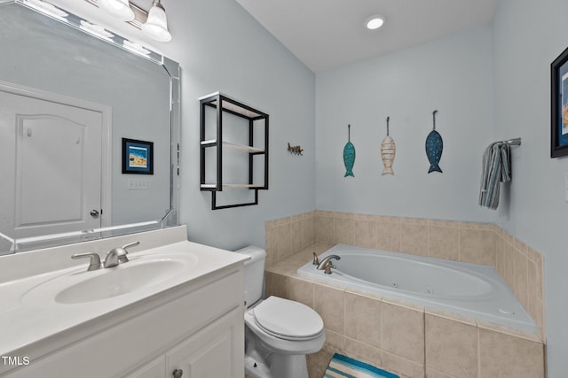 full bathroom with toilet, a tub with jets, and vanity
