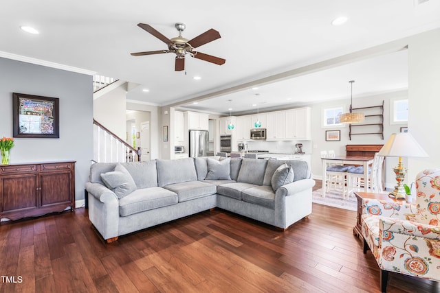 240 Liberty Star Rd, Wendell, NC 27591 - living area featuring ornamental molding, stairway, ceiling fan, dark wood-type flooring, and recessed lighting