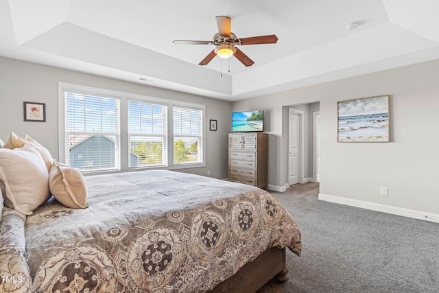 240 Liberty Star Rd, Wendell, NC 27591 - bedroom featuring a tray ceiling, carpet flooring, baseboards, and a ceiling fan