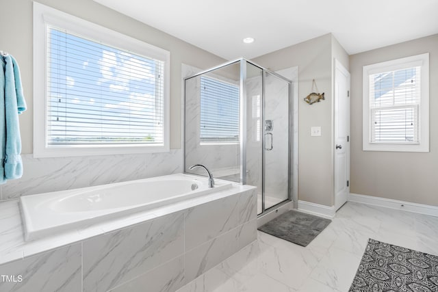 240 Liberty Star Rd, Wendell, NC 27591 - bathroom with a bath, a stall shower, baseboards, and marble finish floors