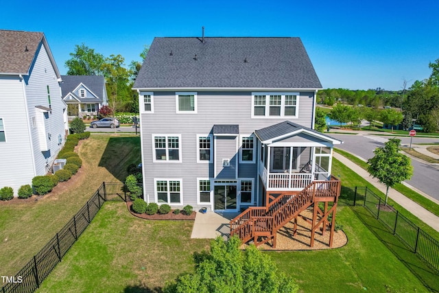 240 Liberty Star Rd, Wendell, NC 27591 - rear view of property featuring a sunroom, a patio area, a shingled roof, and central air condition unit