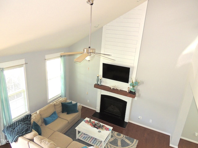3530 Winding Walk Ct, Raleigh, NC 27616 - living area featuring plenty of natural light, wood finished floors, vaulted ceiling, a fireplace, and a ceiling fan