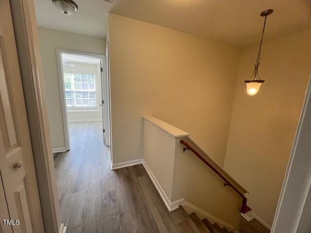 8013 River Water Ct, Raleigh, NC 27616 - hall with baseboards, dark wood finished floors, and an upstairs landing