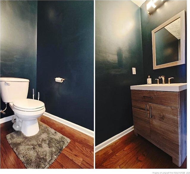 half bathroom with baseboards, wood finished floors, toilet, and vanity