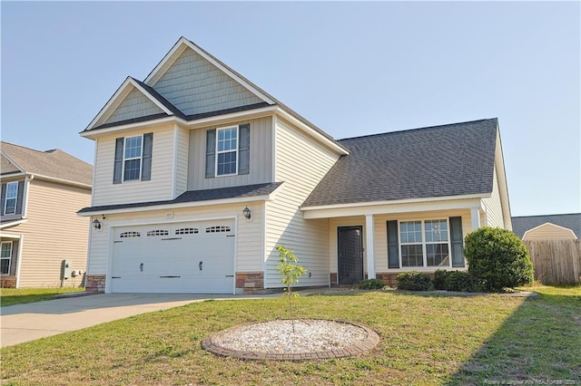 craftsman-style home with stone siding, a front yard, board and batten siding, an attached garage, and driveway