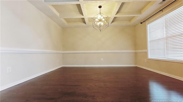 1221 Piping Plover Ct, Fayetteville, NC 28306 - unfurnished room featuring coffered ceiling, dark wood-style floors, a chandelier, baseboards, and beam ceiling