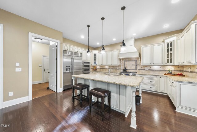 kitchen featuring a kitchen island with sink, stainless steel appliances, premium range hood, and tasteful backsplash