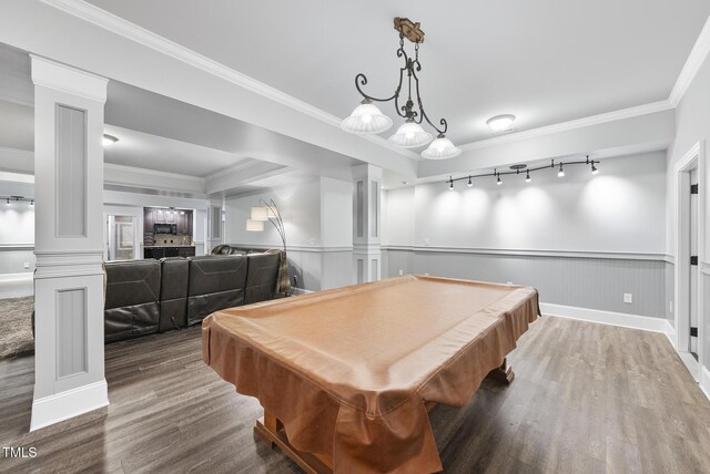 rec room with ornamental molding, decorative columns, wood finished floors, a wainscoted wall, and billiards