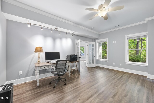 office featuring baseboards, french doors, wood finished floors, and a wealth of natural light