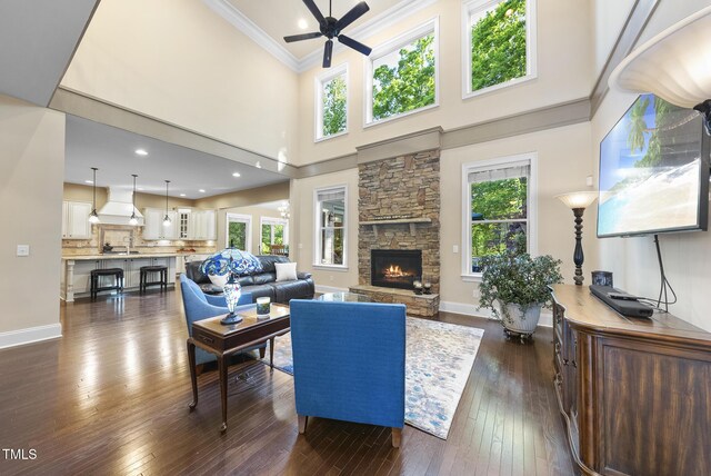 living room with ceiling fan, ornamental molding, dark wood-style floors, and a stone fireplace