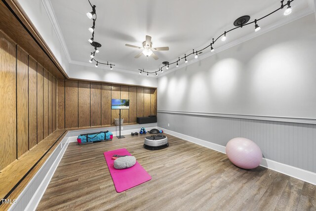 exercise area featuring crown molding, wood finished floors, ceiling fan, a wainscoted wall, and rail lighting