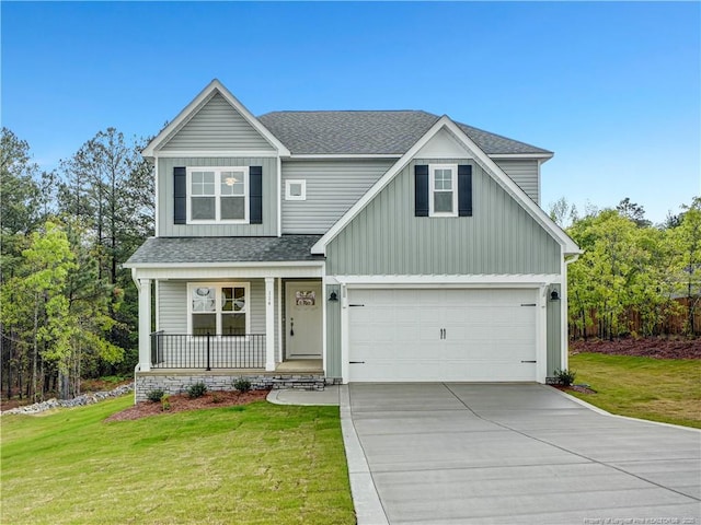 114 Kingwood Dr, Lillington, NC 27546 - craftsman-style house with a porch, a shingled roof, driveway, and a front lawn