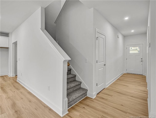 114 Kingwood Dr, Lillington, NC 27546 - foyer entrance featuring baseboards, light wood-type flooring, recessed lighting, and stairs