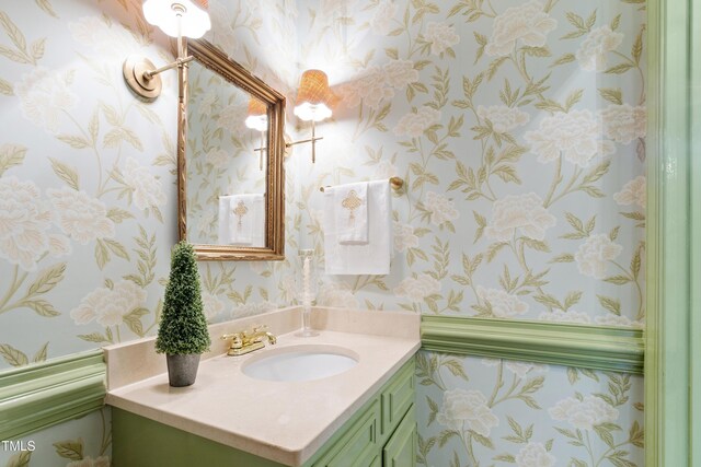 bathroom with wallpapered walls and vanity