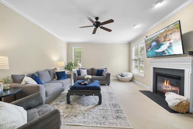 carpeted living area featuring a ceiling fan, baseboards, ornamental molding, and a glass covered fireplace