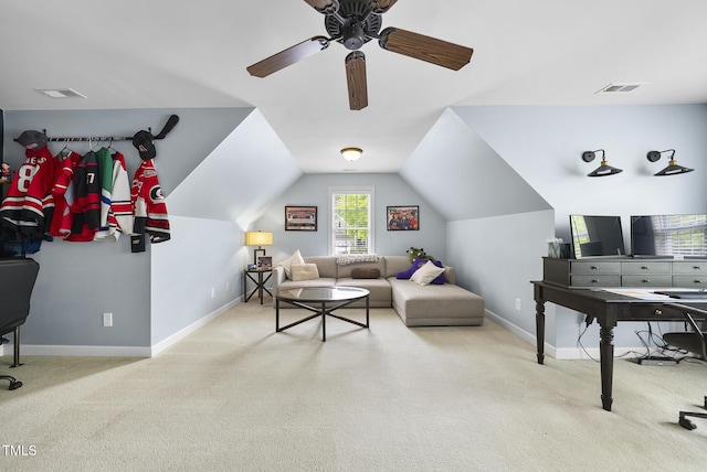 carpeted living room featuring ceiling fan, baseboards, and visible vents