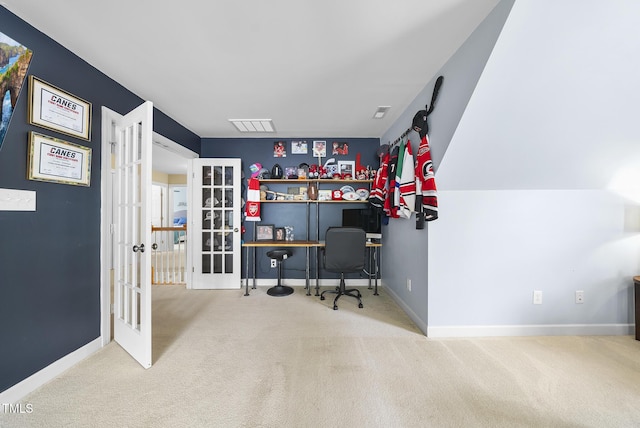 office area with baseboards, french doors, and carpet flooring
