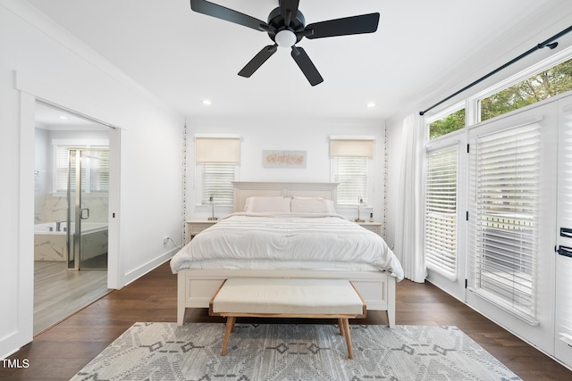 6024 Lunenburg Dr, Raleigh, NC 27603 - bedroom featuring dark wood-style flooring, ensuite bathroom, a ceiling fan, access to outside, and ornamental molding