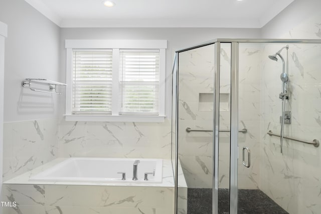 6024 Lunenburg Dr, Raleigh, NC 27603 - full bathroom with recessed lighting, a bath, crown molding, and a marble finish shower