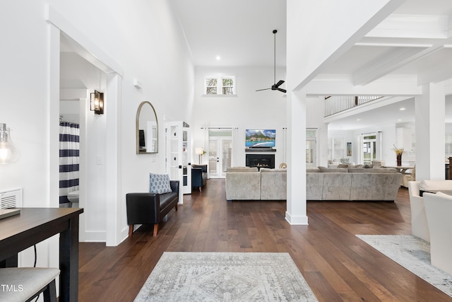 6024 Lunenburg Dr, Raleigh, NC 27603 - entryway featuring a ceiling fan, a towering ceiling, dark wood-style floors, and recessed lighting