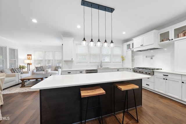 6024 Lunenburg Dr, Raleigh, NC 27603 - kitchen featuring a sink, glass insert cabinets, stainless steel appliances, light countertops, and white cabinetry