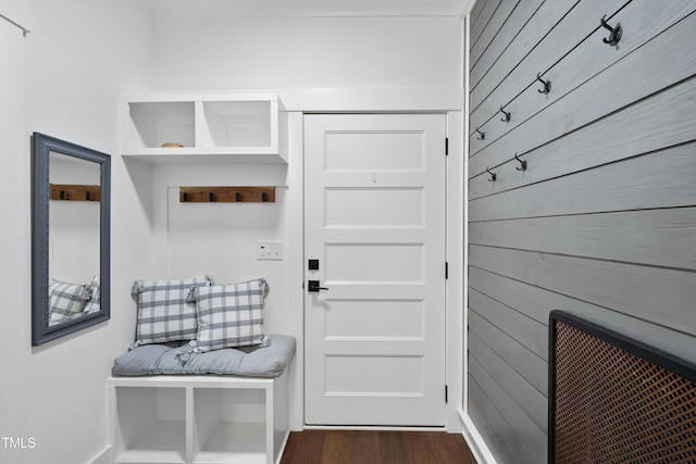 6024 Lunenburg Dr, Raleigh, NC 27603 - mudroom with dark wood finished floors and wood walls