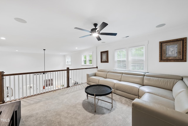 6024 Lunenburg Dr, Raleigh, NC 27603 - carpeted living room with recessed lighting, visible vents, a ceiling fan, and ornamental molding