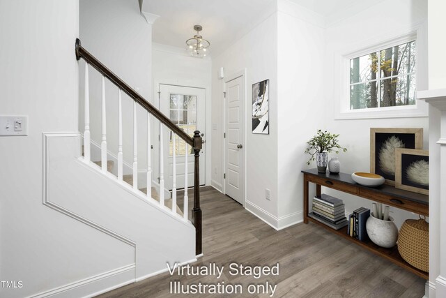 60 Purslane Dr, Franklinton, NC 27525 - foyer featuring stairs, wood finished floors, baseboards, and a chandelier