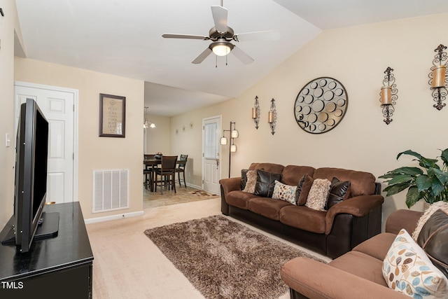 2112 Ballston Pl, Knightdale, NC 27545 - carpeted living area with lofted ceiling, baseboards, a ceiling fan, and visible vents